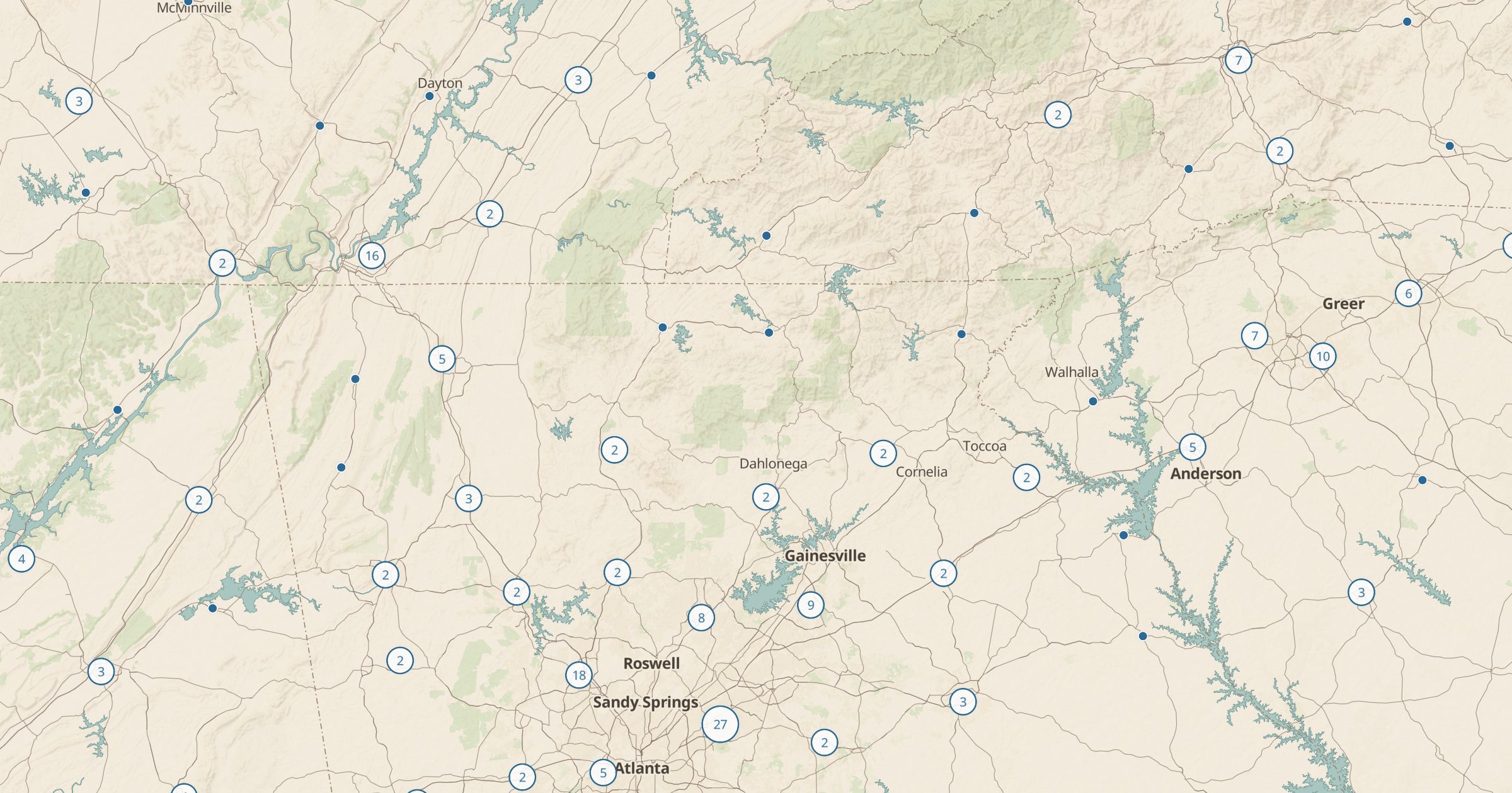 Map of north Georgia with the Overnight Parking (call ahead – unverified) layer turned on in Bottomless Maps