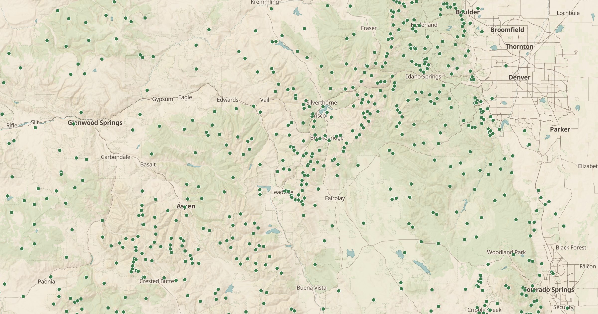 Map of the Colorado Rockies with the Peaks & Passes (OSM) layer turned on in Bottomless Maps