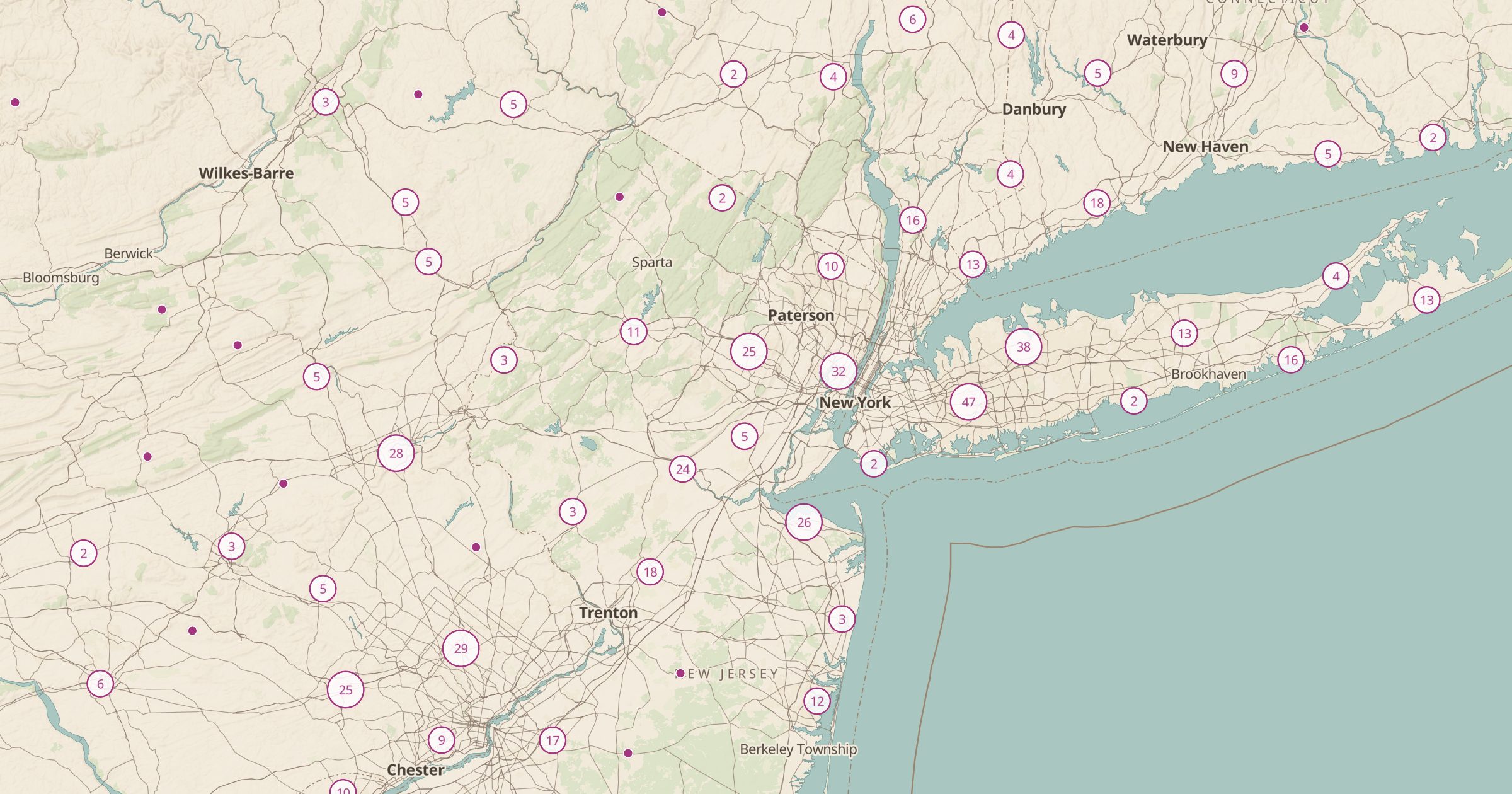 Map of New Jersey and New York with the Pickleball (OSM) layer turned on in Bottomless Maps