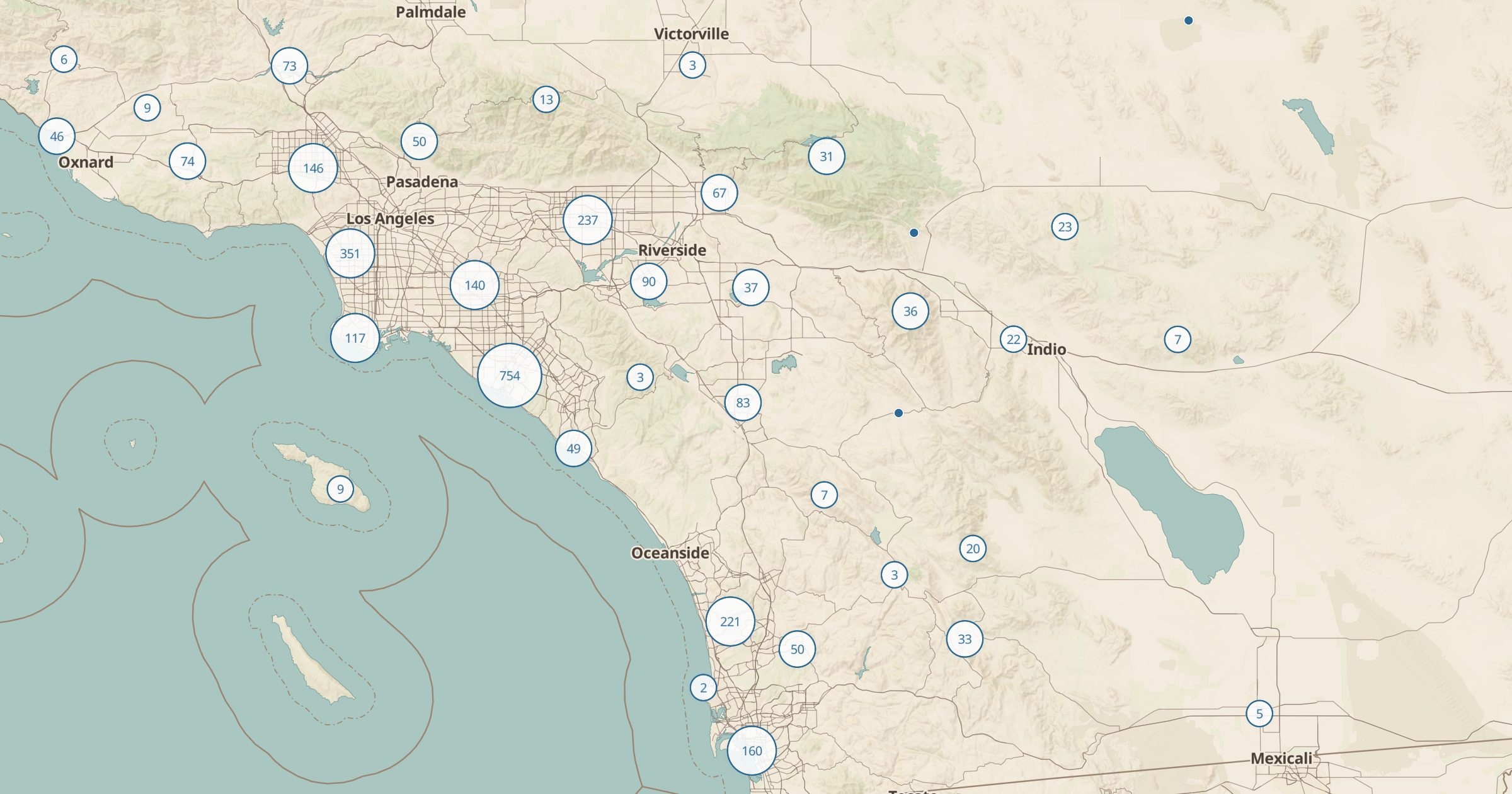 Map of Southern California with the Picnic Sites (OSM) layer turned on in Bottomless Maps