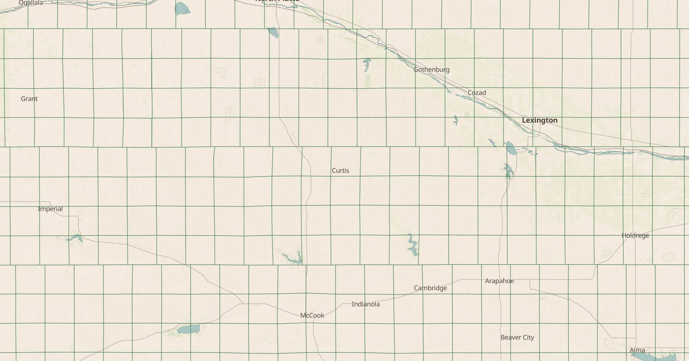 Map of southwest Nebraska with the PLSS Townships layer turned on in Bottomless Maps