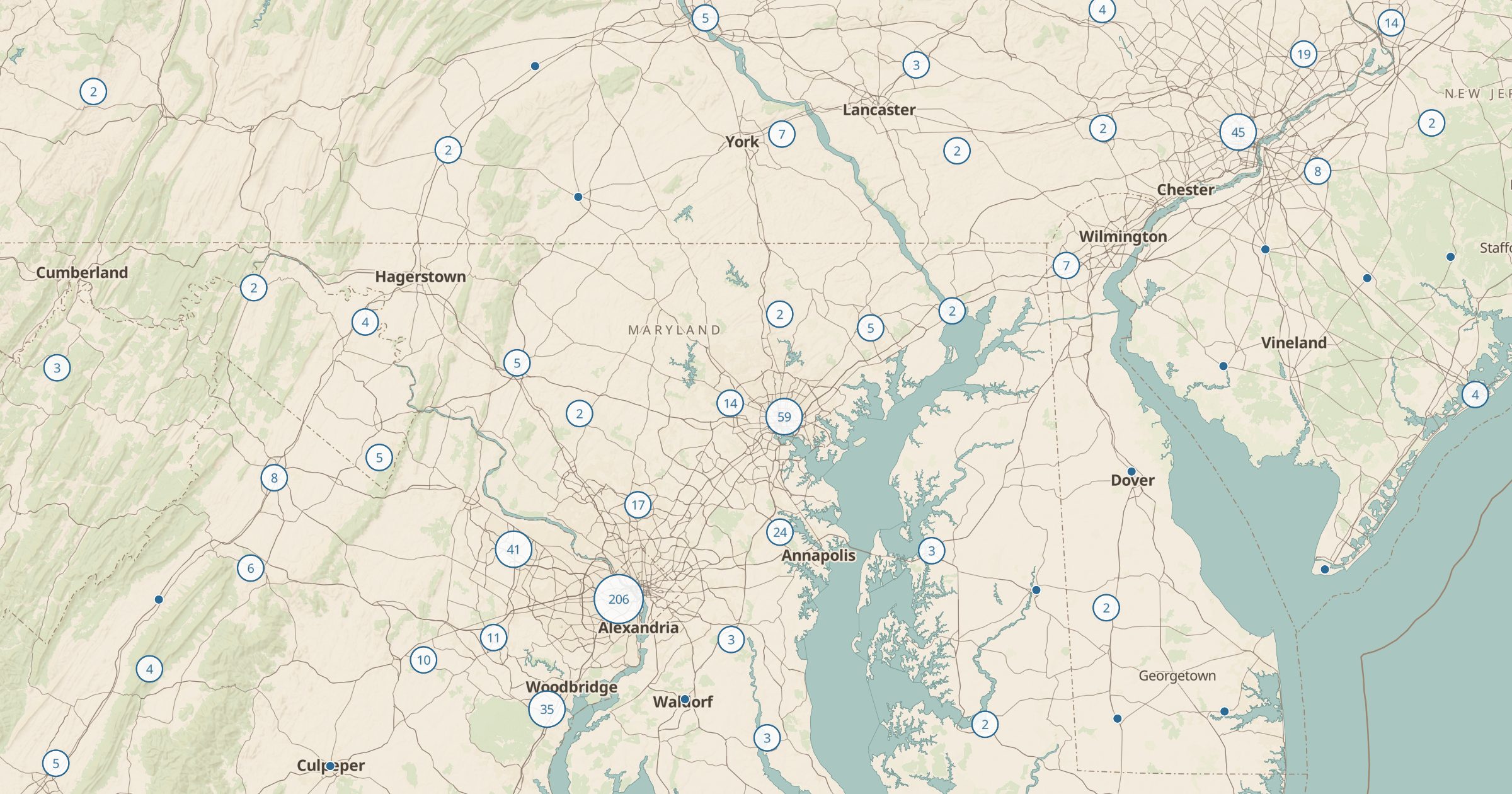 Map of Maryland with the Propane (OSM) layer turned on in Bottomless Maps