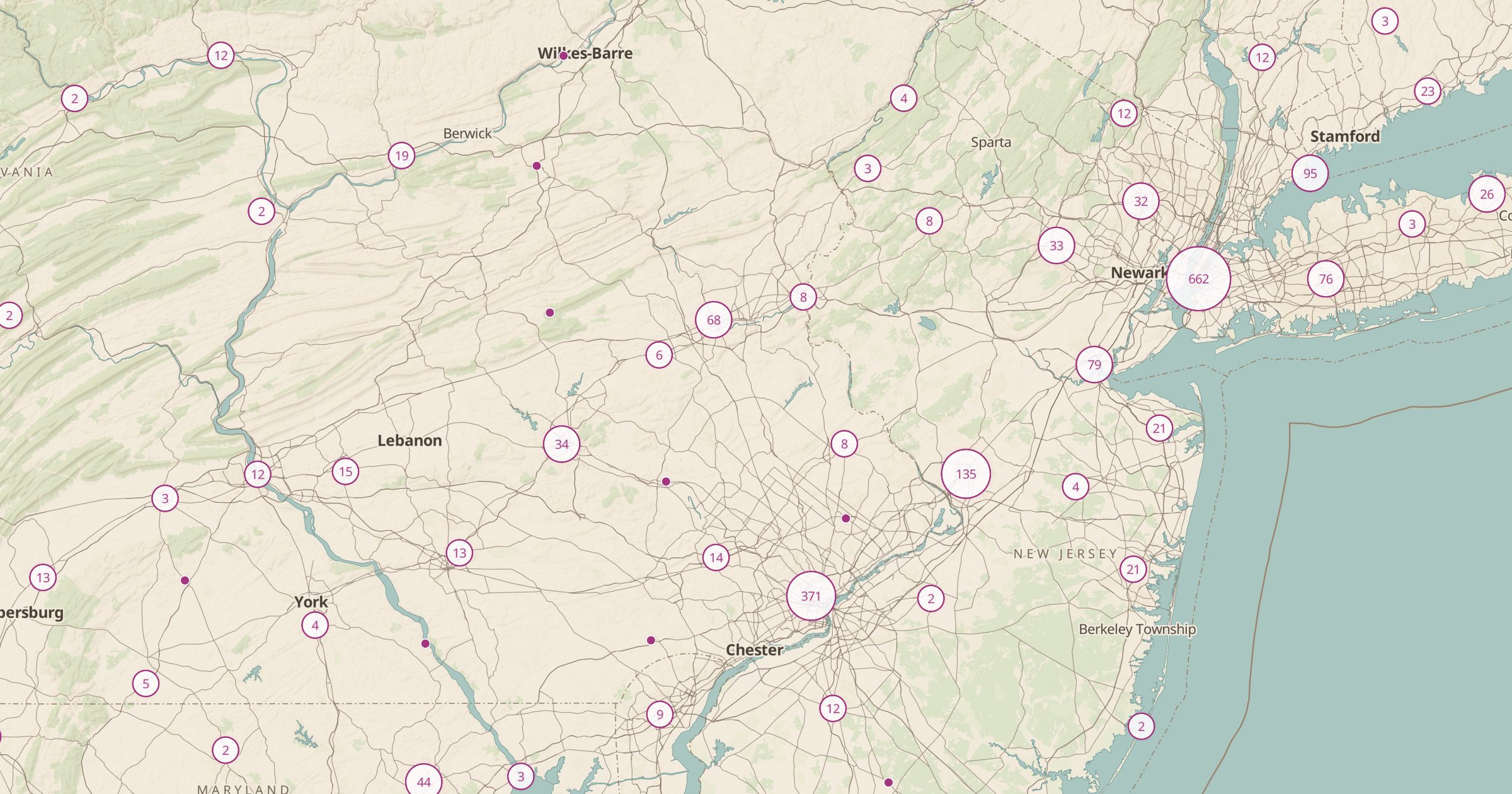 Map of Pennsylvania and New Jersey with the Public Art (OSM) layer turned on in Bottomless Maps