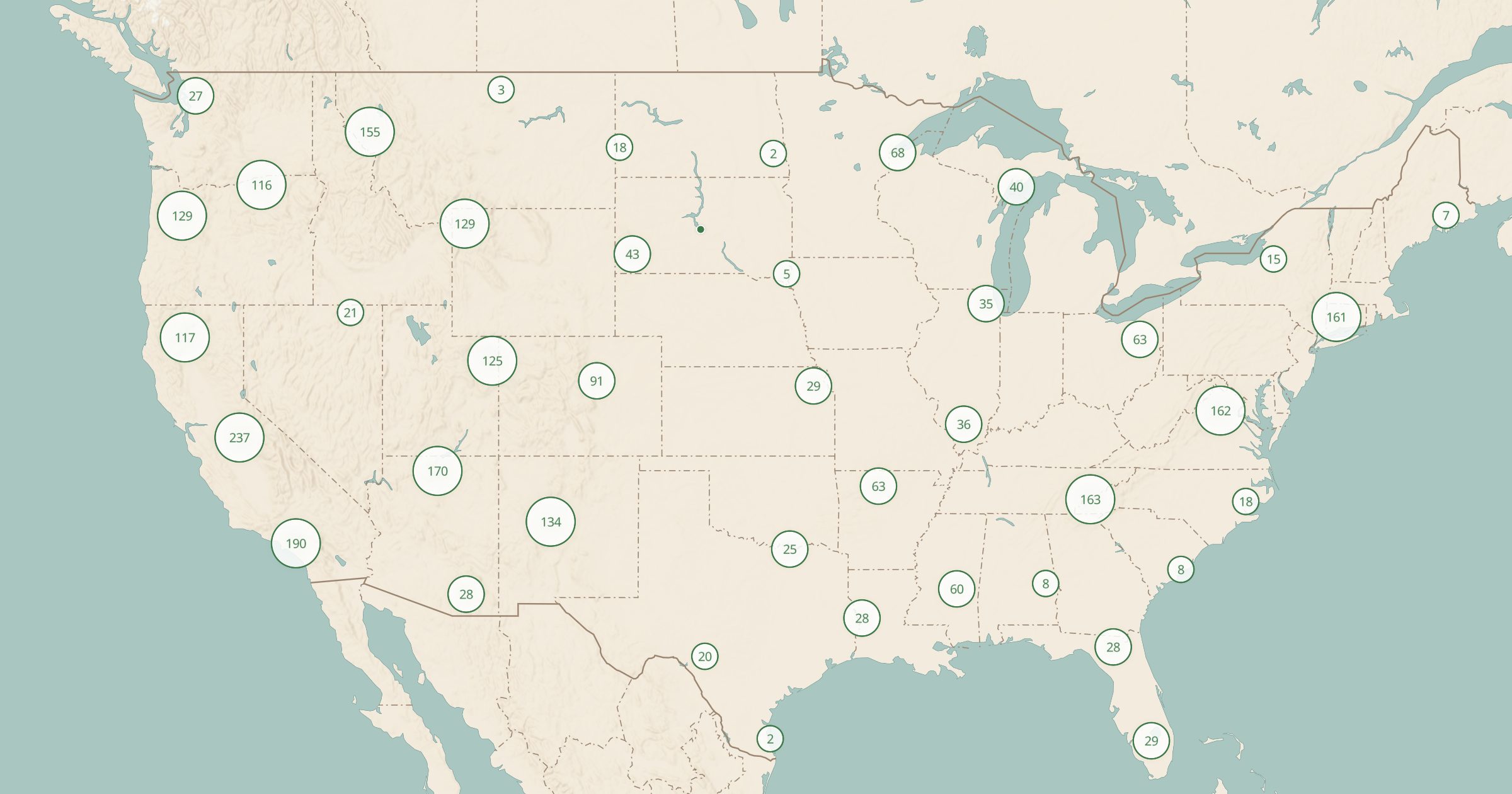 Map of the lower 48 with the Ranger Stations & Visitor Centers layer turned on in Bottomless Maps