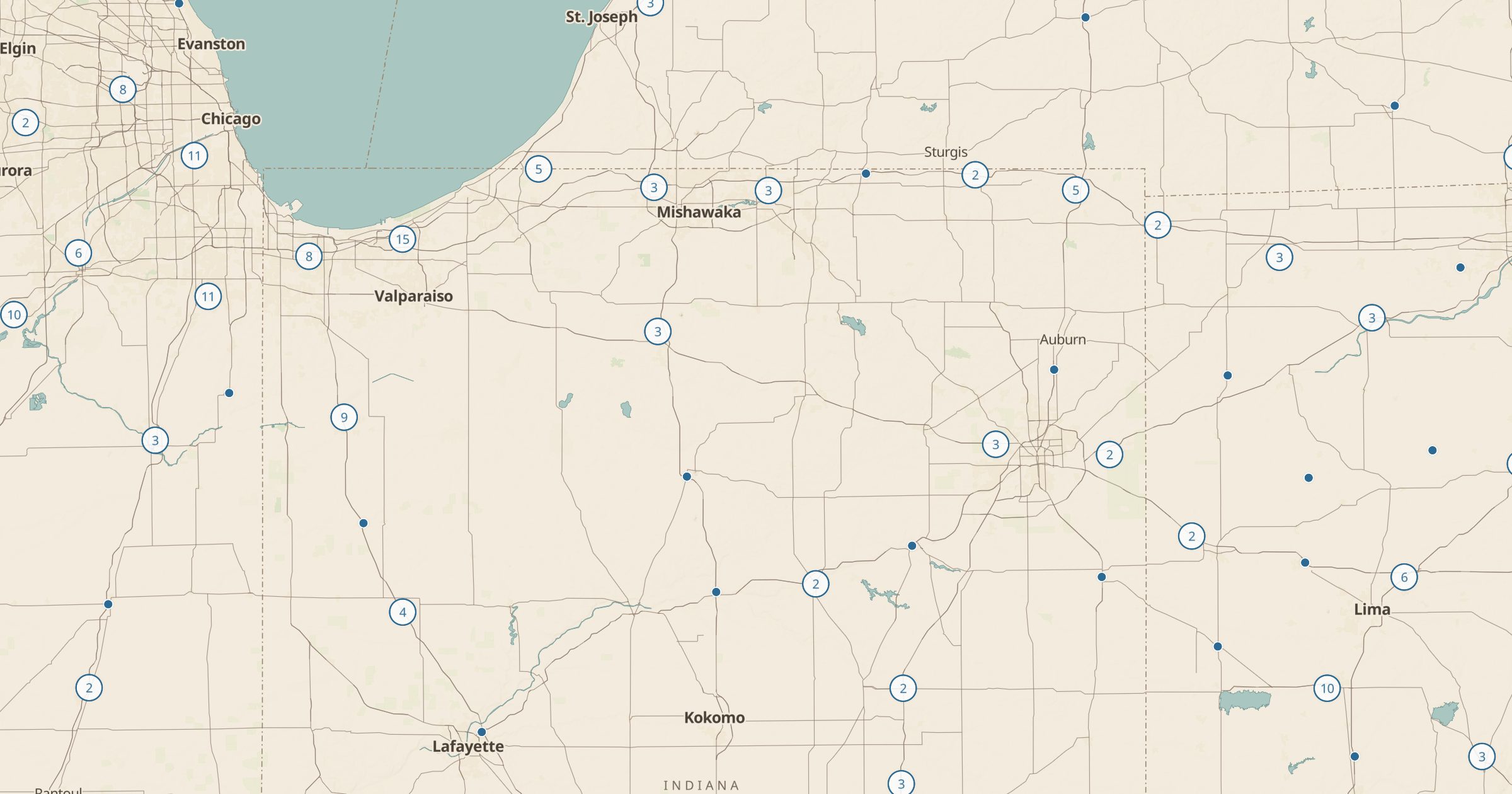 Map of northern Indiana and southern Michigan with the Rest Areas (OSM) layer turned on in Bottomless Maps