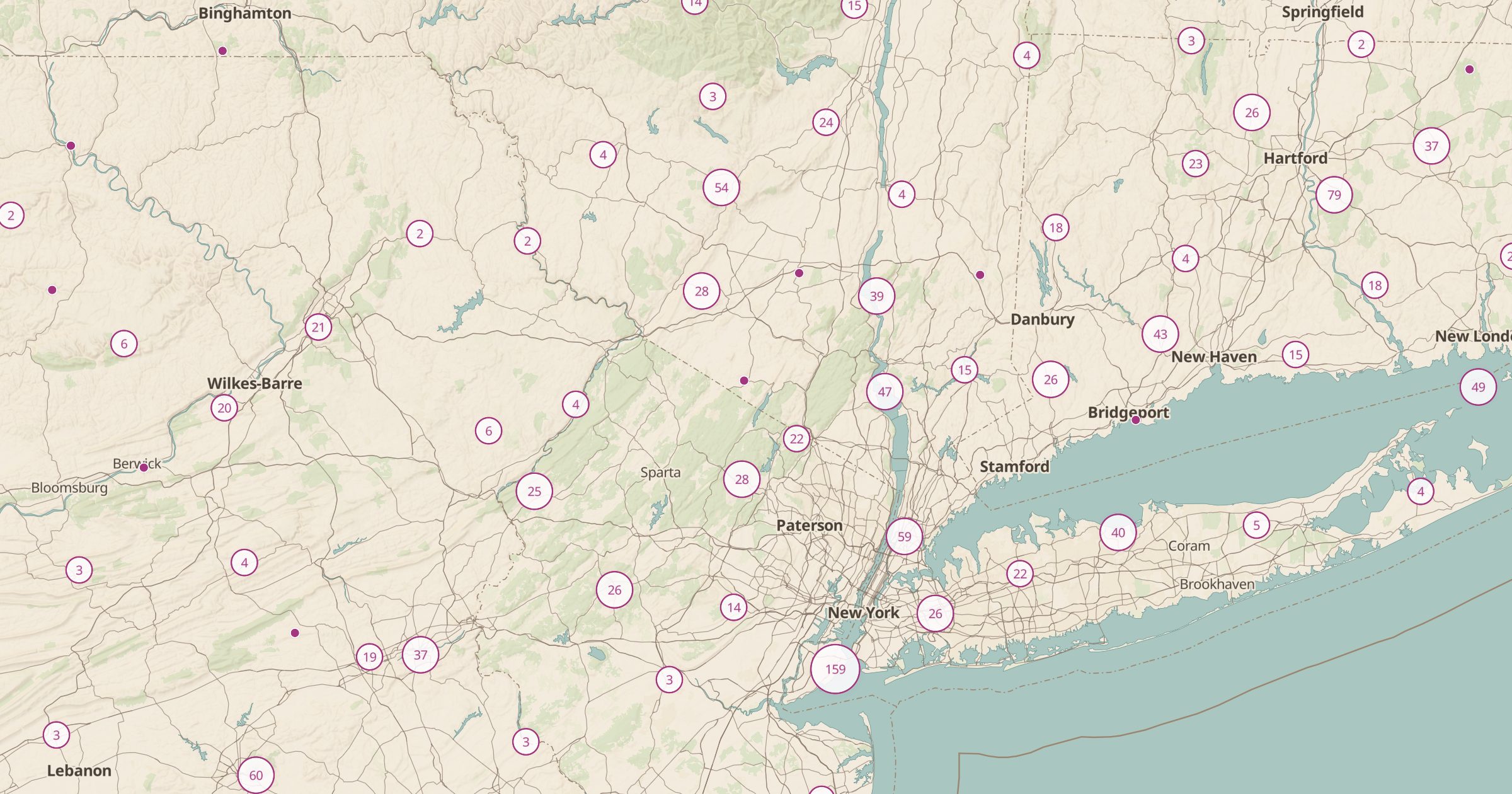 Map of New York and New Jersey with the Ruins & Abandoned Places (OSM) layer turned on in Bottomless Maps