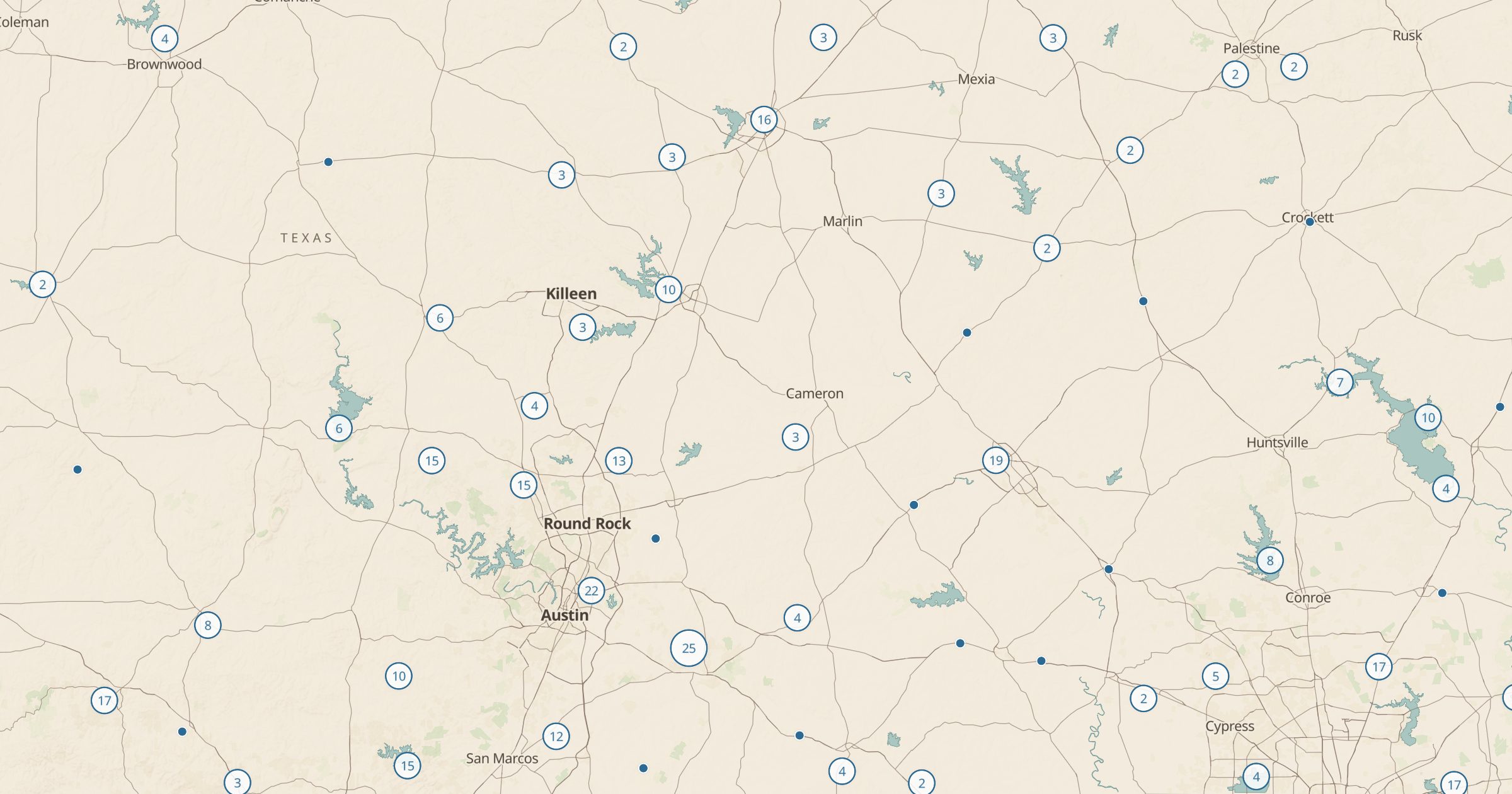Map of central Texas with the RV Parks (OSM) layer turned on in Bottomless Maps