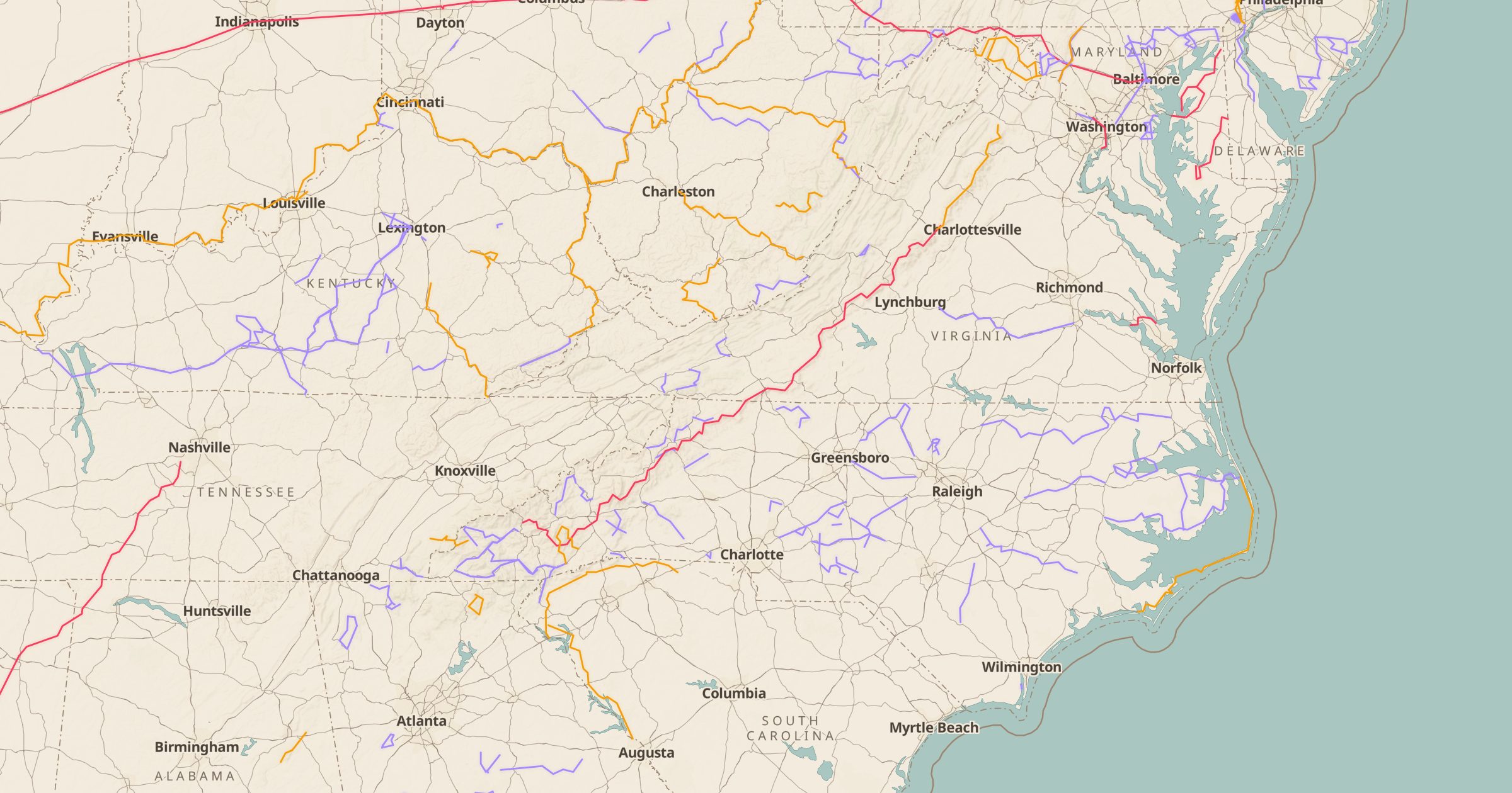 Map of Virginia, North Carolina, Tennessee and Kentucky with scenic byways drawn in red, amber and violet, including the Blue Ridge Parkway