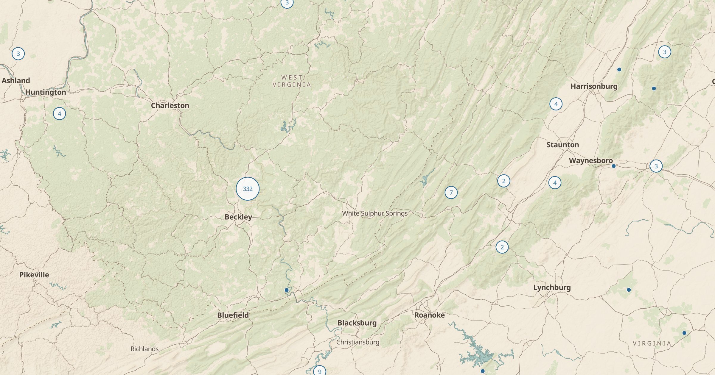 Map of Virginia and West Virginia with the Showers (OSM) layer turned on in Bottomless Maps