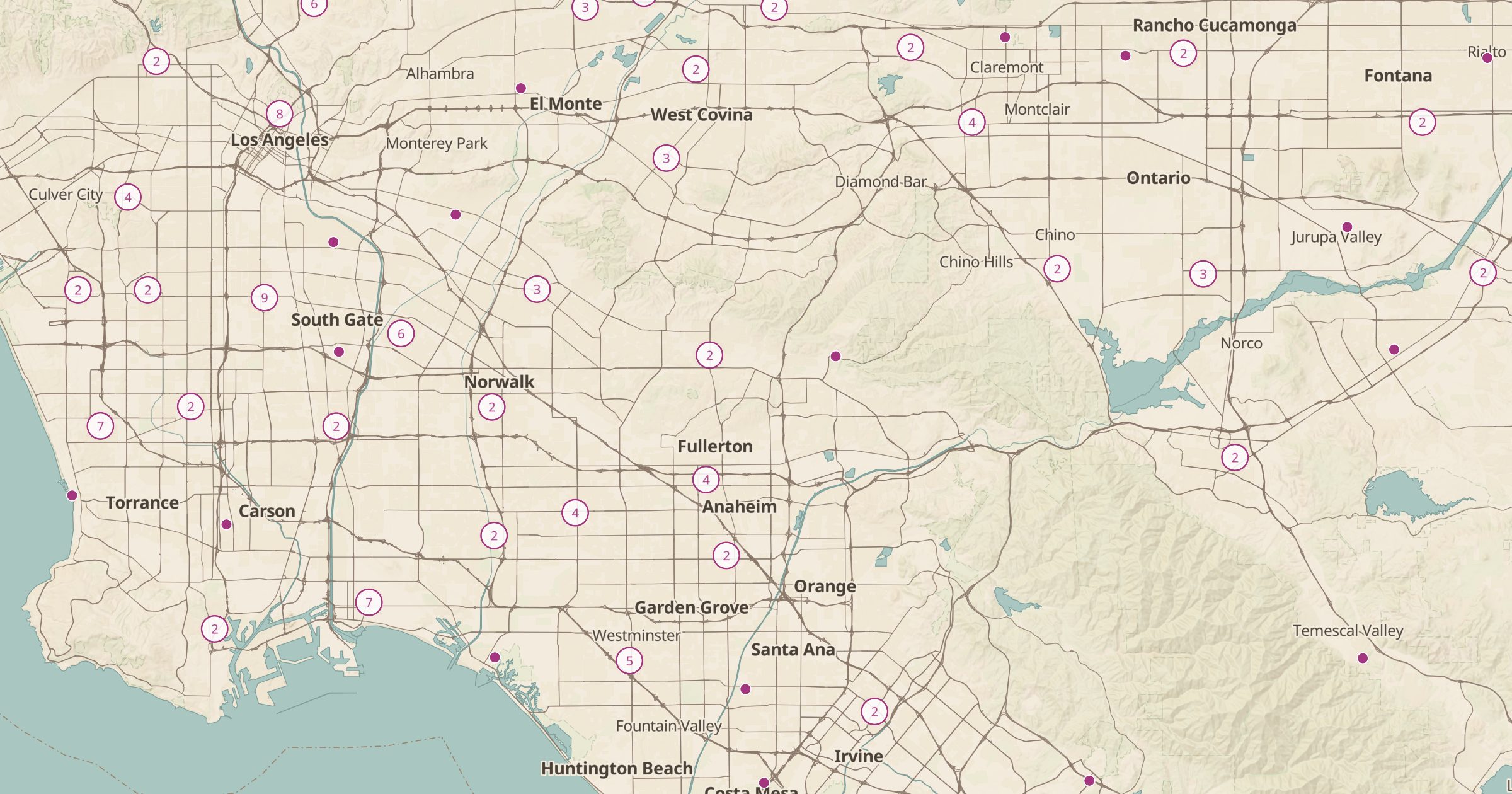 Map of Los Angeles and Orange County with the Skateparks (OSM) layer turned on in Bottomless Maps