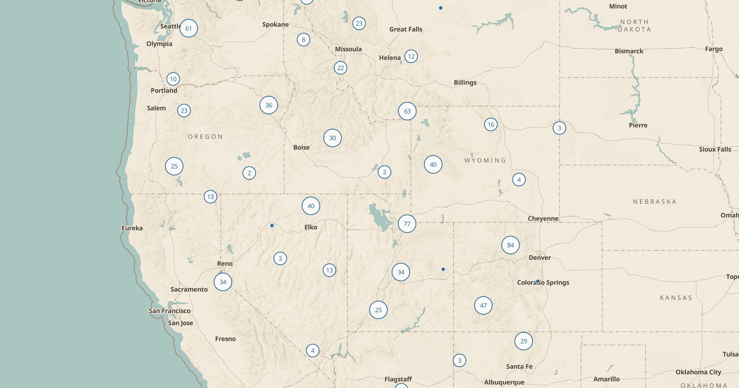 Map of the West with the SNOTEL Snow Stations layer turned on in Bottomless Maps