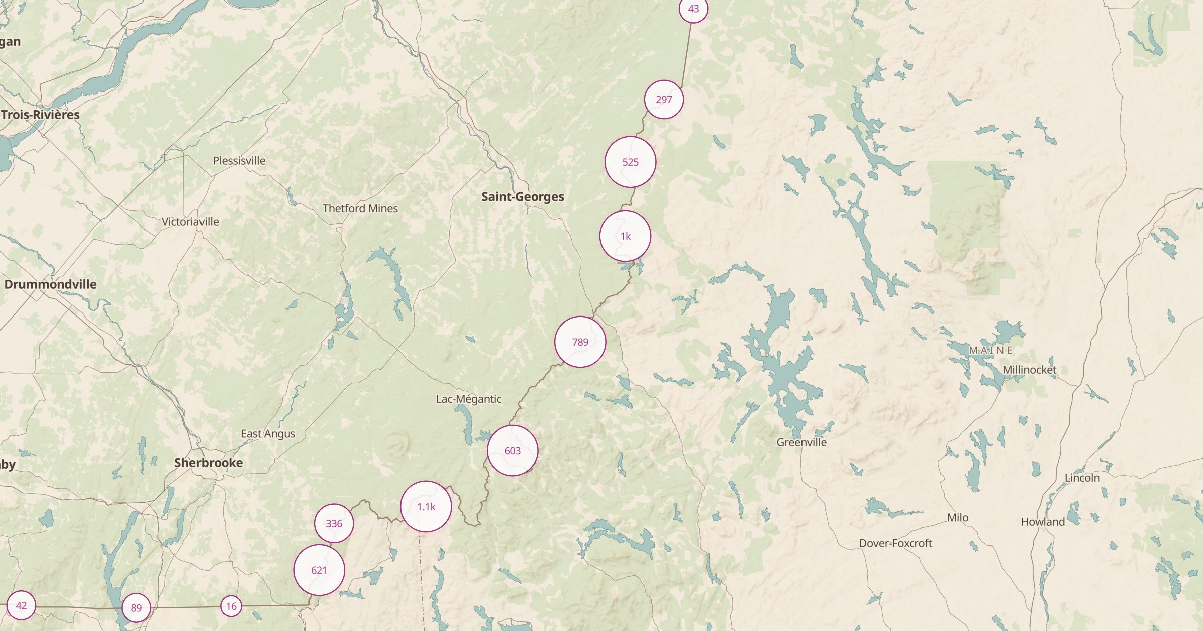 Map of Maine with the Boundary Stones & Survey Marks (OSM) layer turned on in Bottomless Maps
