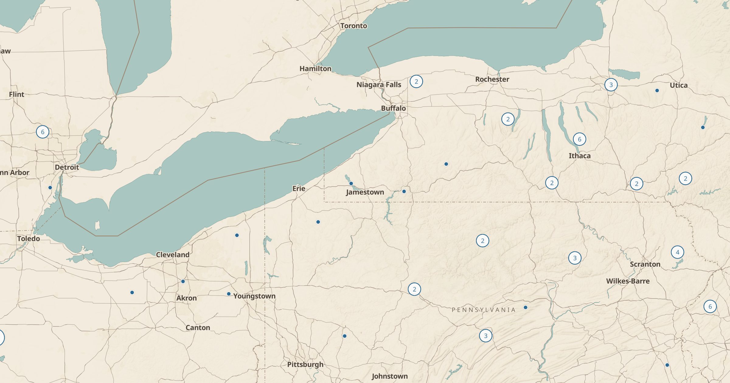 Map of New York and Pennsylvania with the Swim Spots (OSM) layer turned on in Bottomless Maps