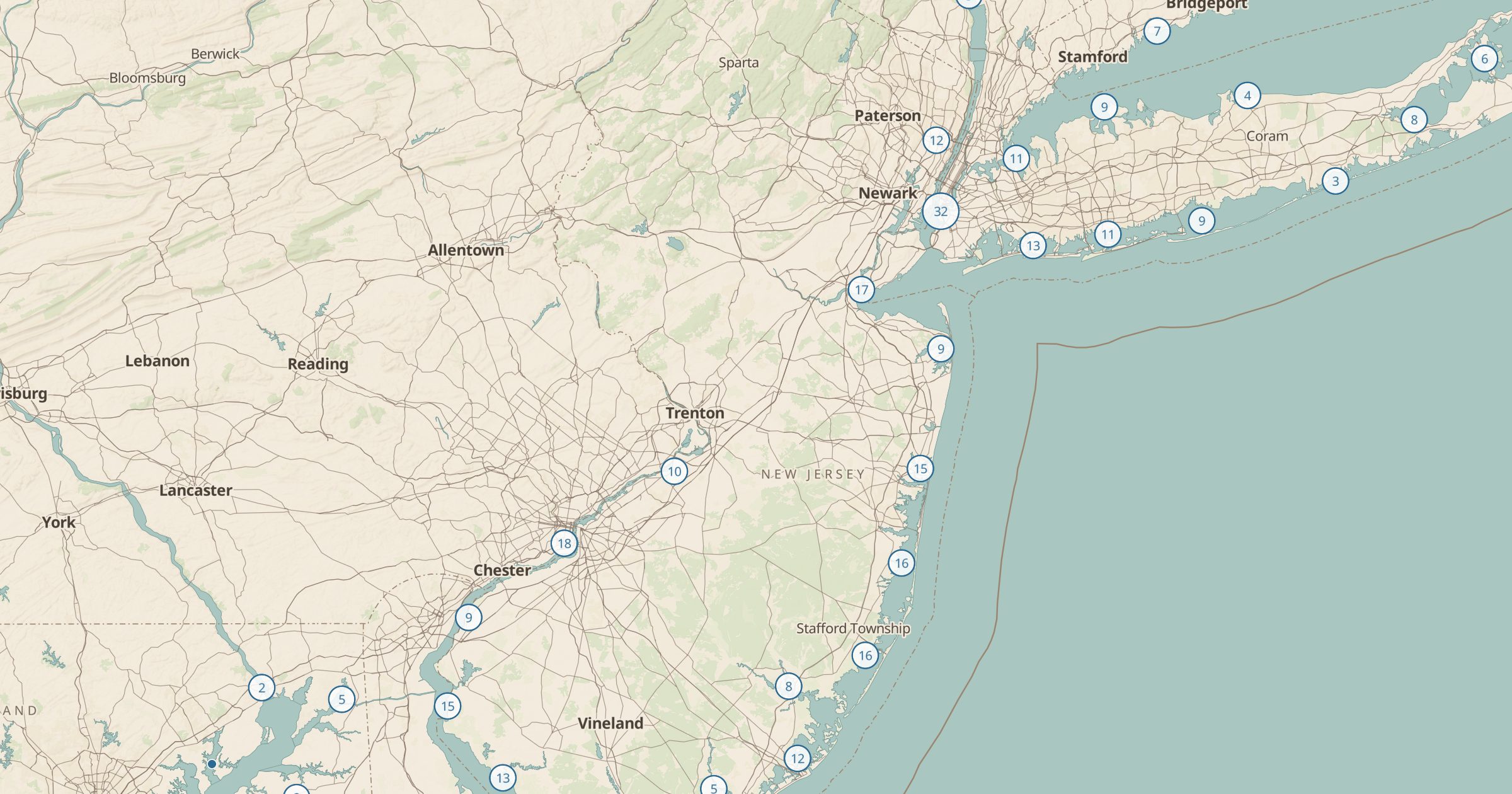 Map of New Jersey and New York Harbor with the NOAA Tide Stations layer turned on in Bottomless Maps
