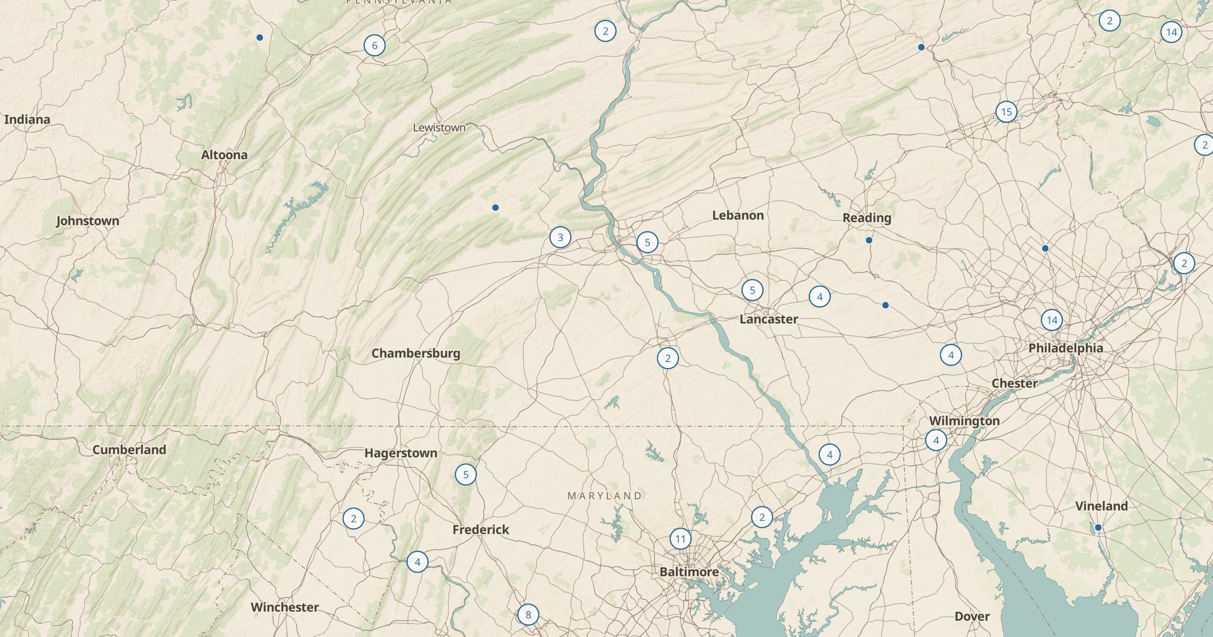 Map of south-central Pennsylvania with the Tire Air (OSM) layer turned on in Bottomless Maps