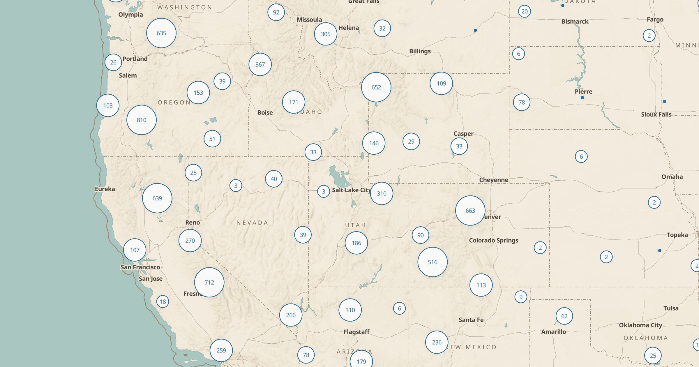 Map of the West with the Toilets (public lands) layer turned on in Bottomless Maps