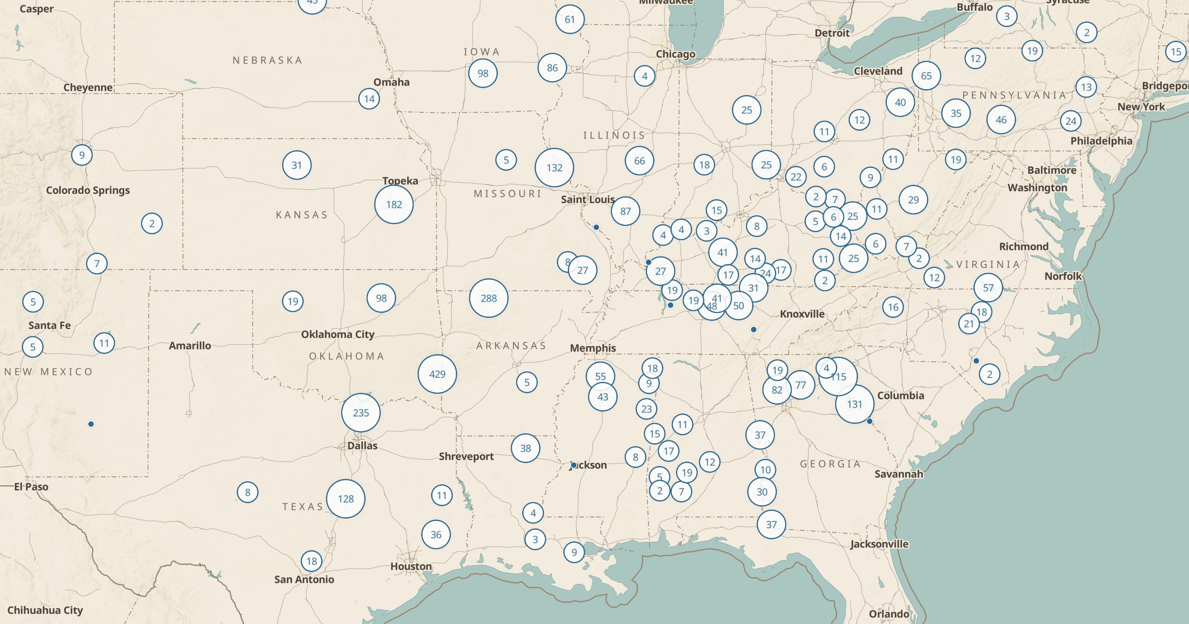 Map of the Midwest and South with the Army Corps Recreation Sites layer turned on in Bottomless Maps