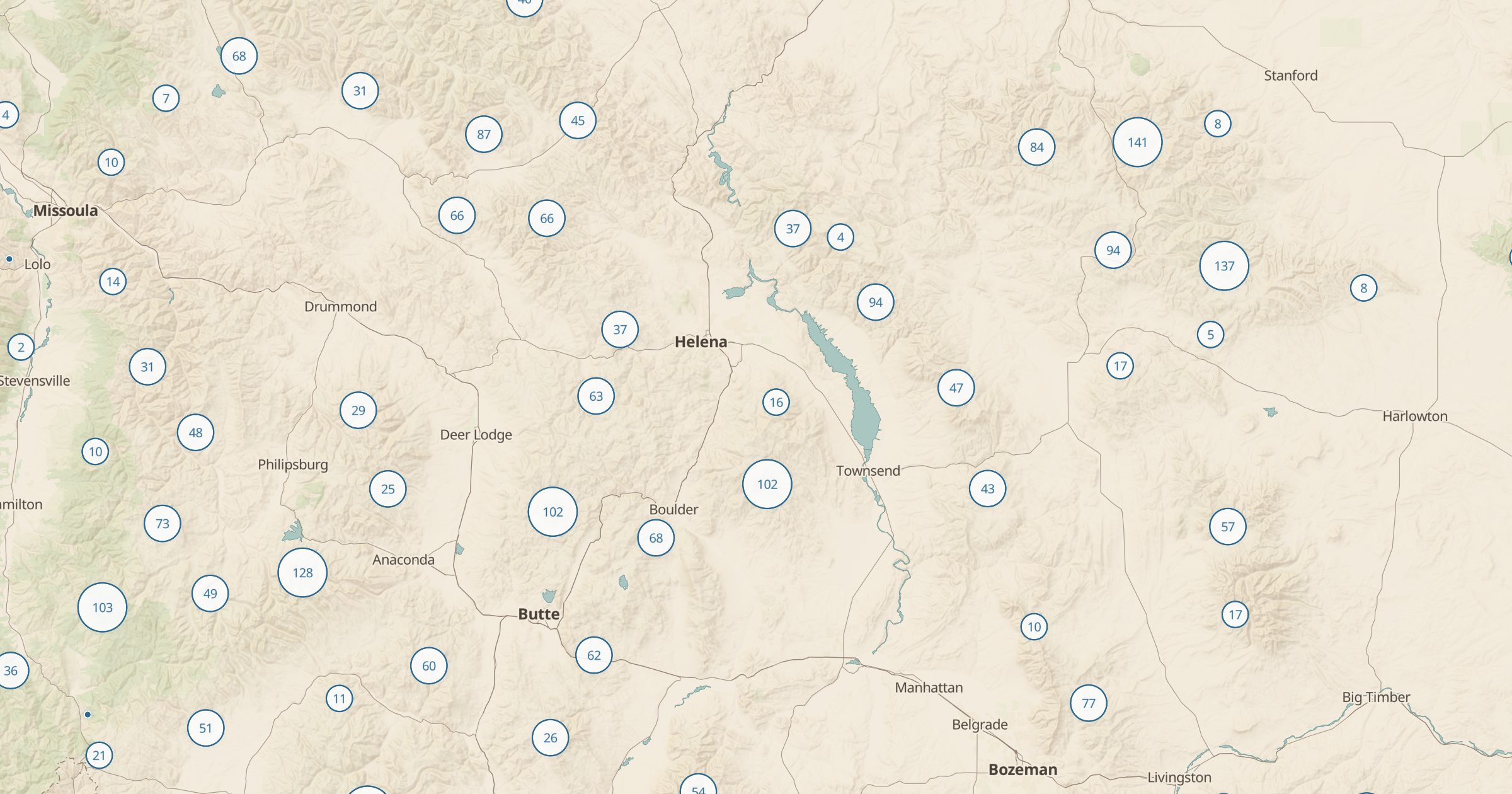 Map of western Montana with the USFS Campgrounds layer turned on in Bottomless Maps