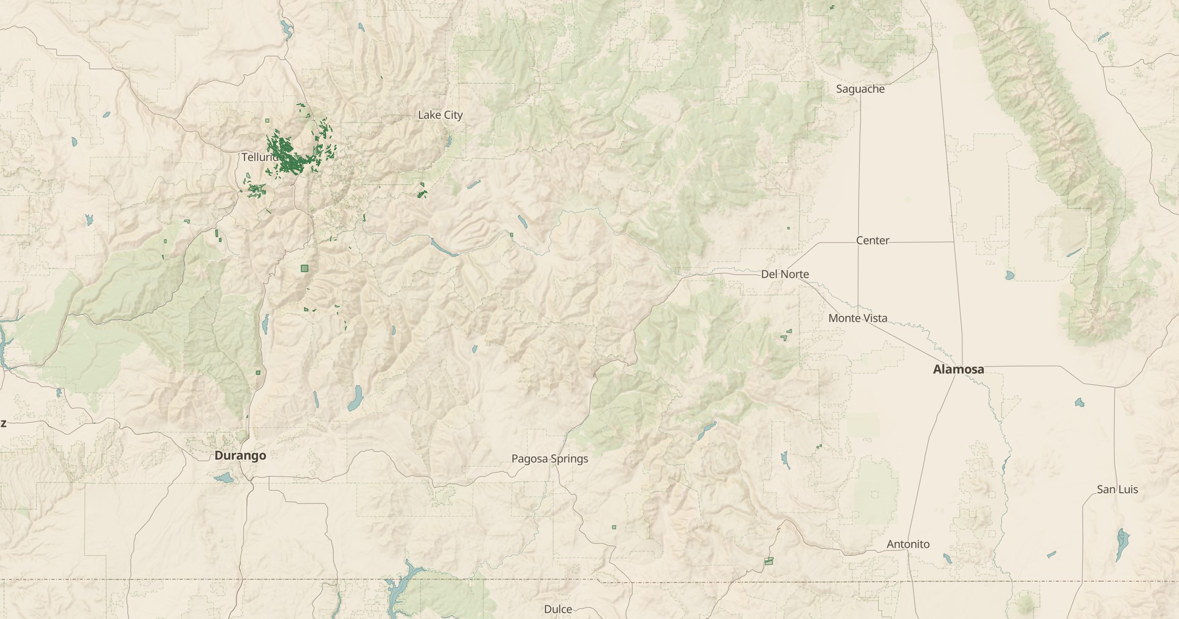 Map of the Rio Grande National Forest, Colorado with the Land & Water Conservation Fund Parcels layer turned on in Bottomless Maps