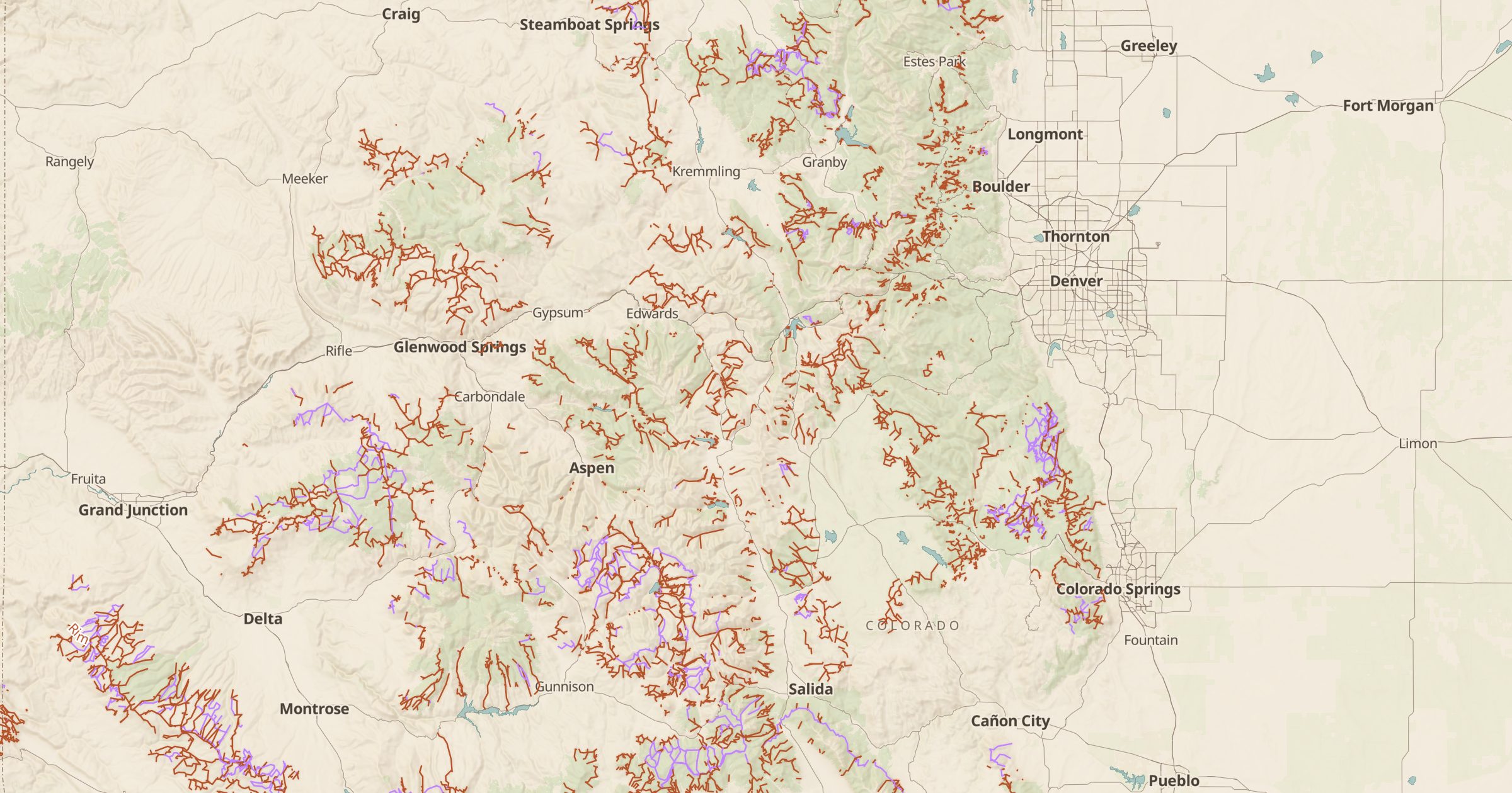 Map of central Colorado with the Motor Vehicle Use Map (MVUM) layer turned on in Bottomless Maps