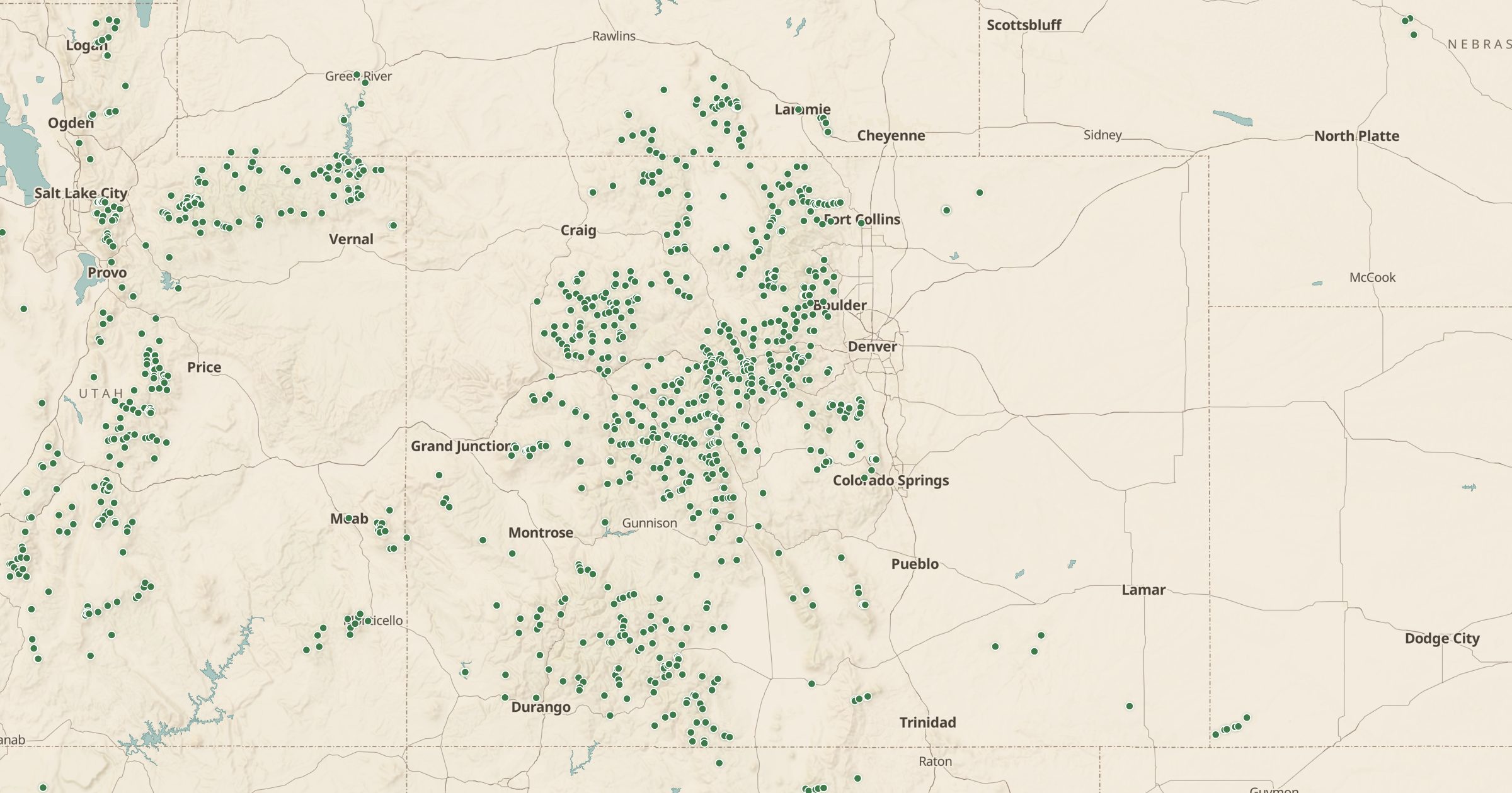 Map of the Colorado Rockies with the USFS Recreation Opportunities layer turned on in Bottomless Maps
