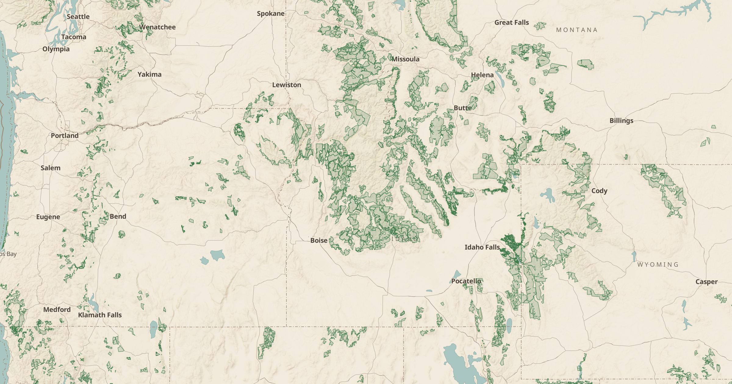 Map of Idaho and Montana with the USFS Roadless Areas layer turned on in Bottomless Maps