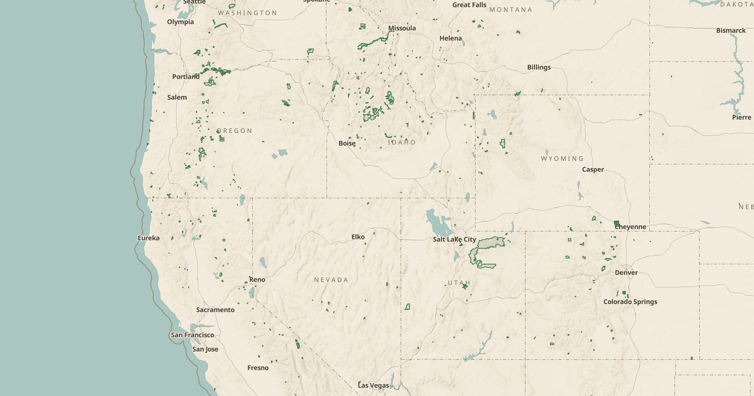 Map of the West with the USFS Special Interest Areas layer turned on in Bottomless Maps