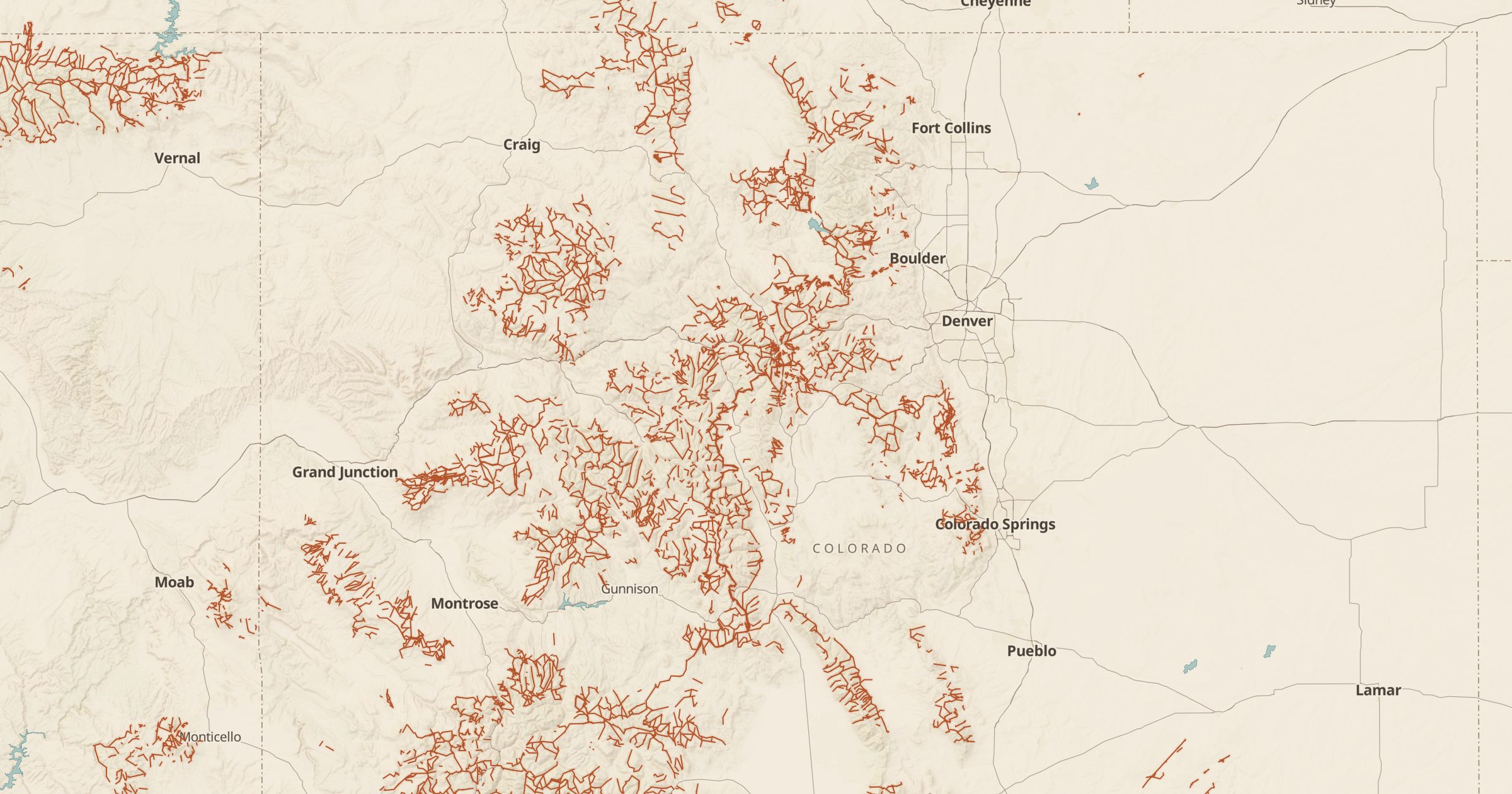 Map of the Colorado Rockies with the Forest Service Trails layer turned on in Bottomless Maps