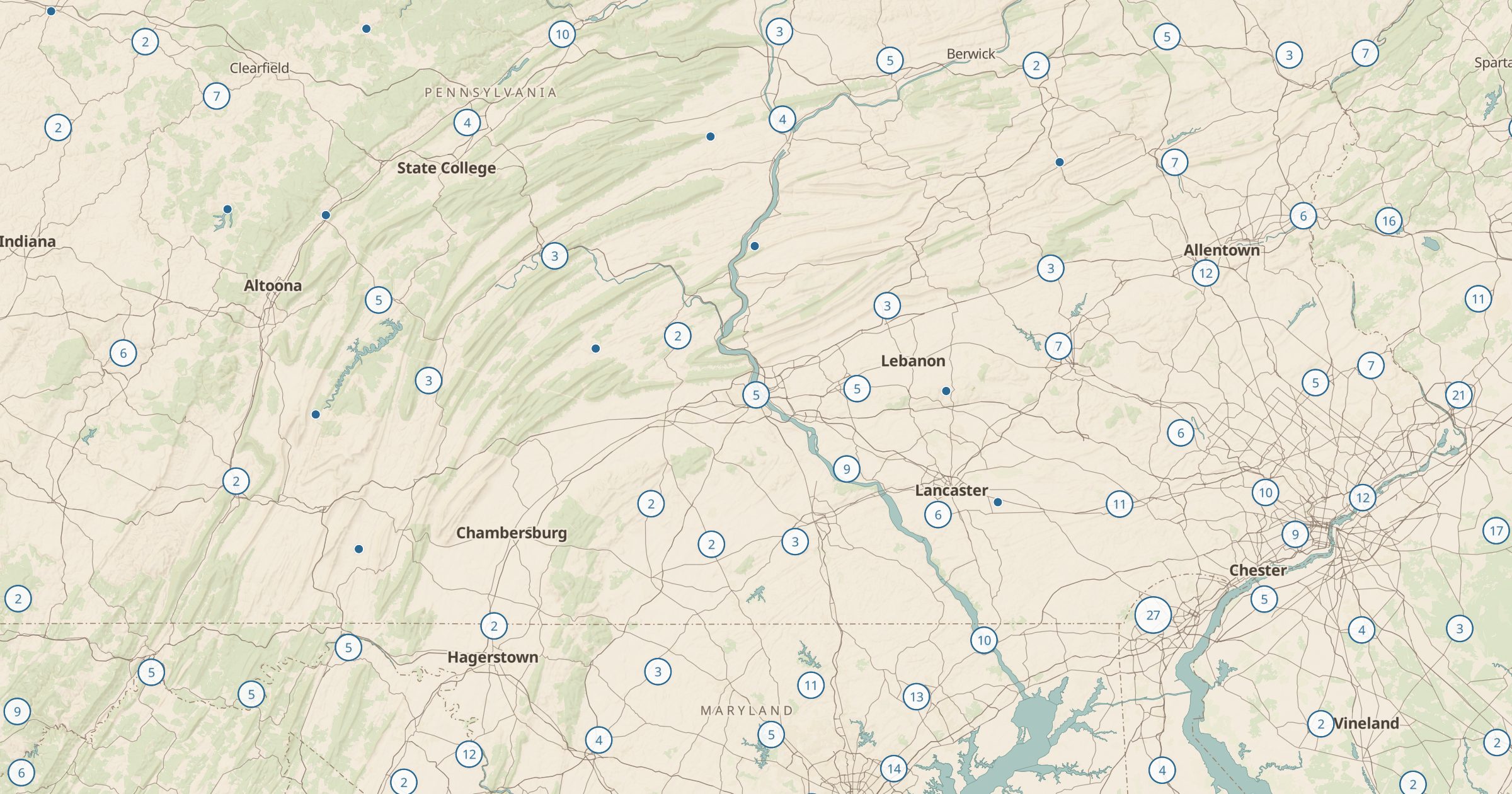 Map of Pennsylvania with the USGS Stream Gauges layer turned on in Bottomless Maps