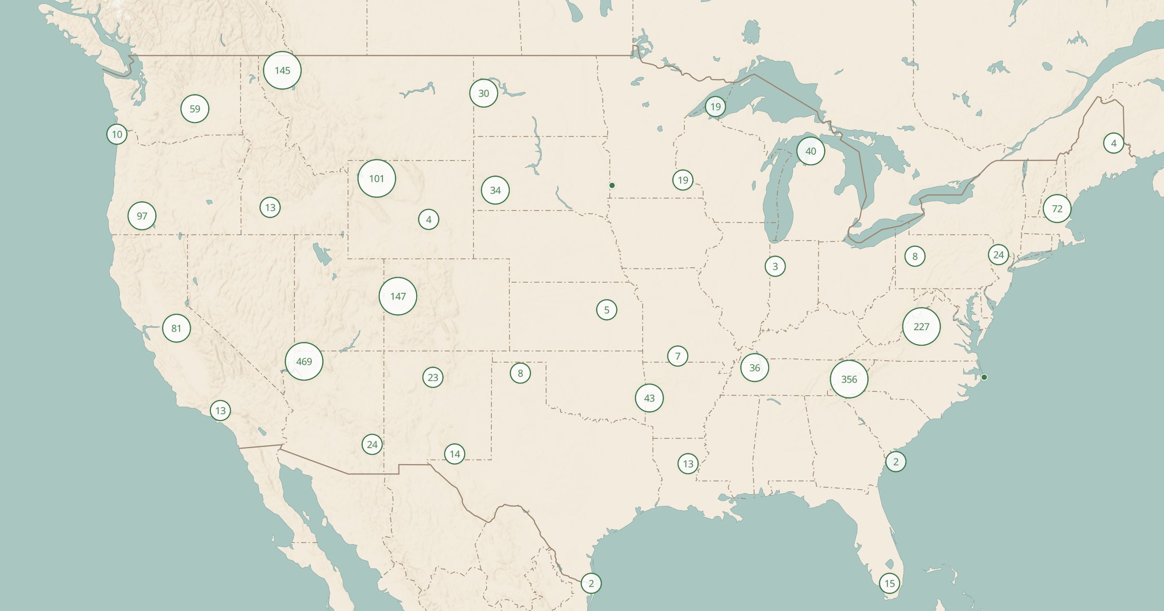 Map of the lower 48 with the Viewpoints layer turned on in Bottomless Maps