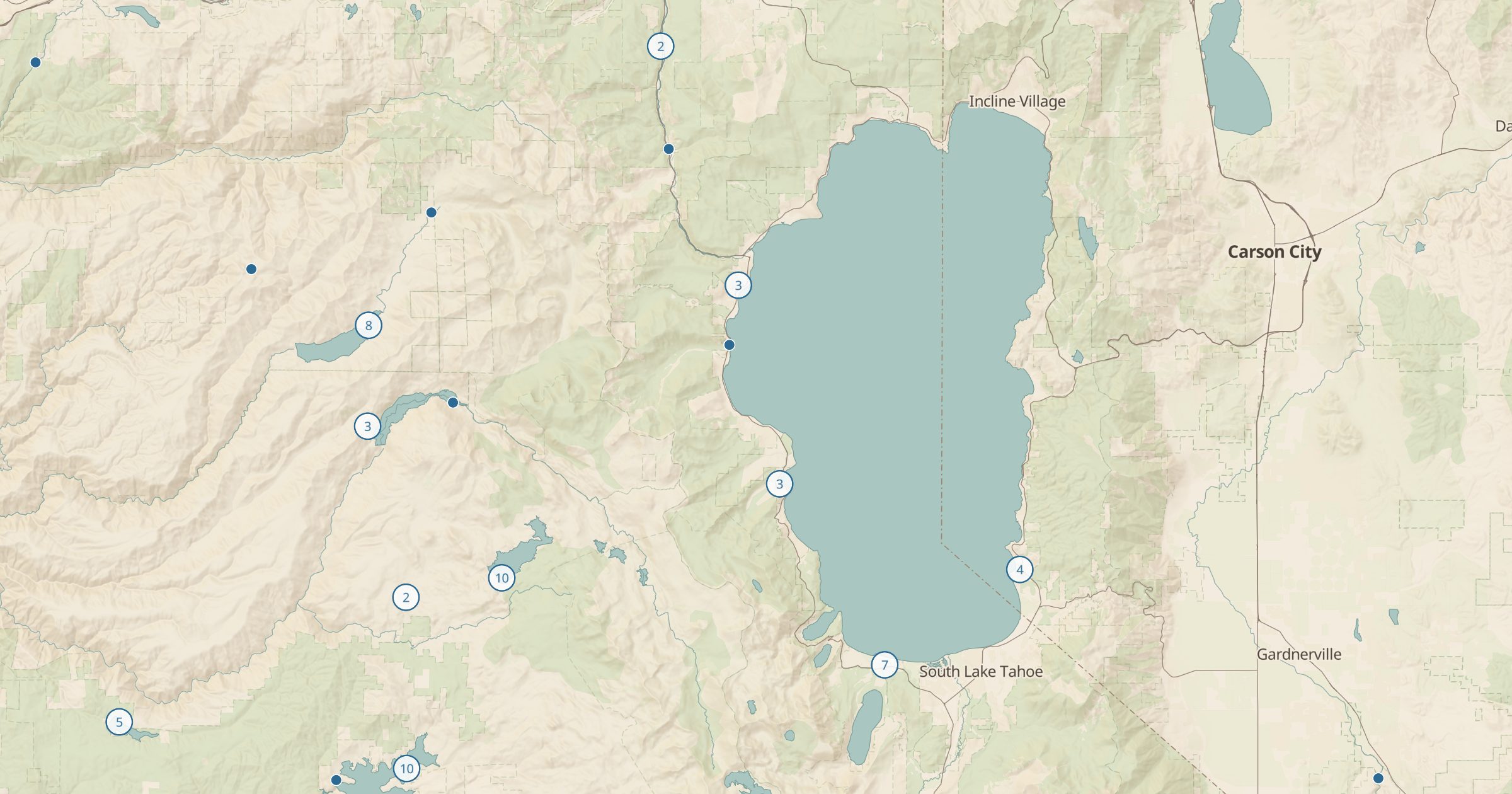 Map of Lake Tahoe with the Drinking Water & Springs layer turned on in Bottomless Maps