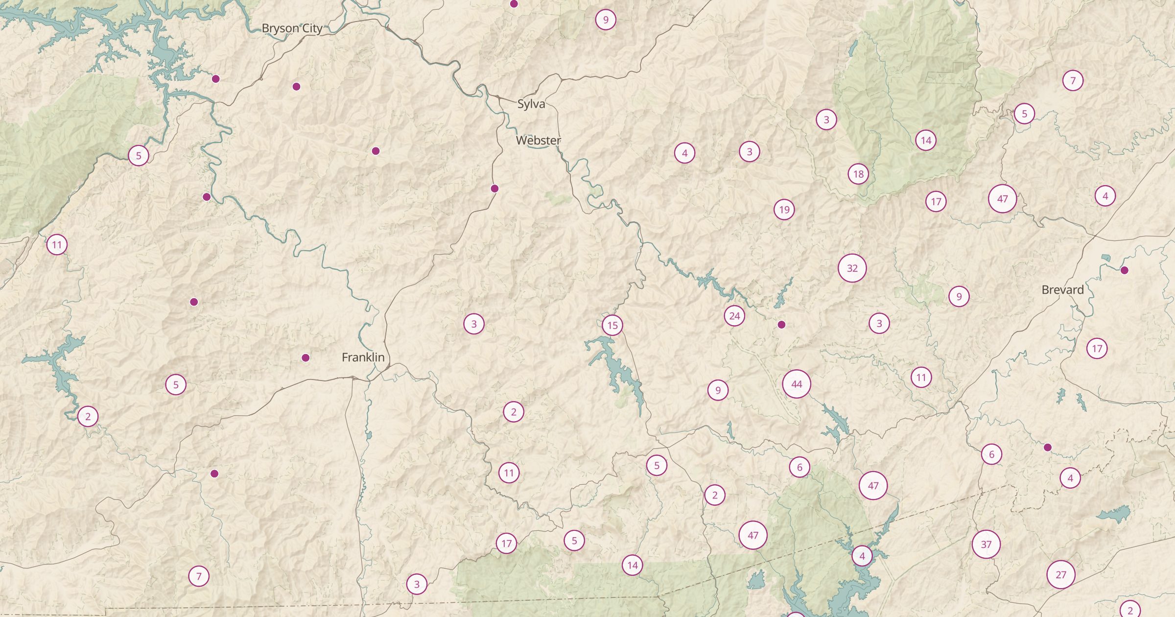 Map of western North Carolina with the Waterfalls (OSM) layer turned on in Bottomless Maps