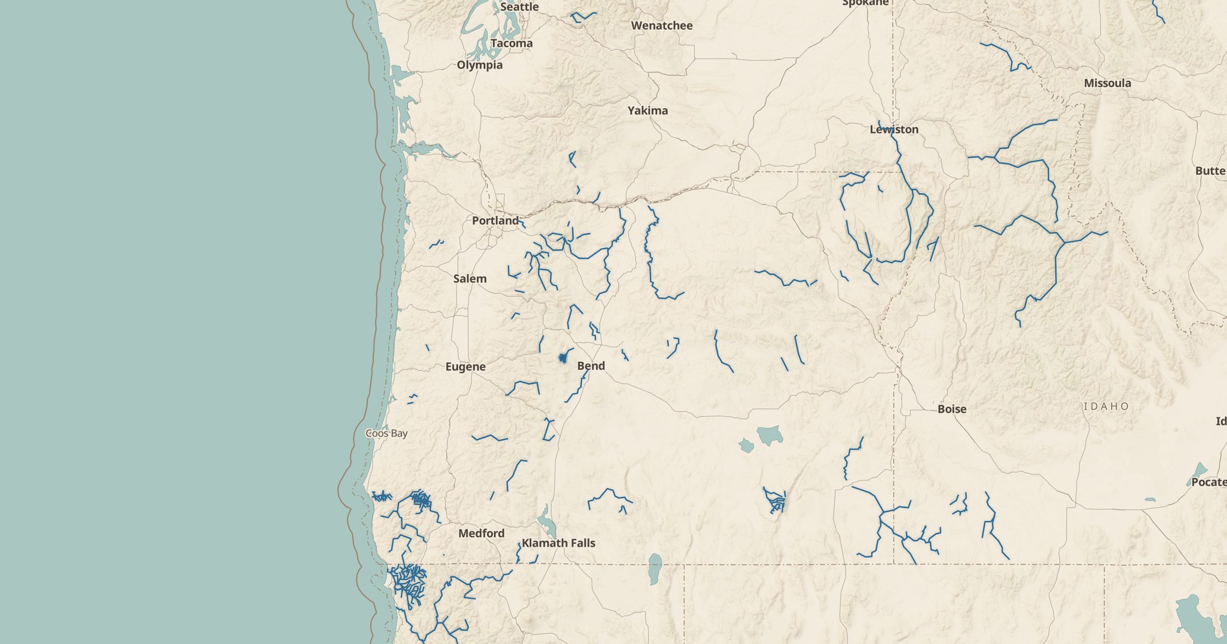 Map of Oregon and Washington with the Wild & Scenic Rivers layer turned on in Bottomless Maps
