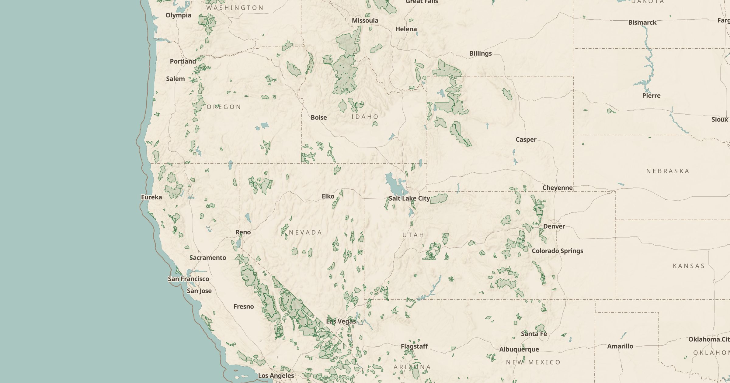 Map of the West with the Wilderness Areas layer turned on in Bottomless Maps