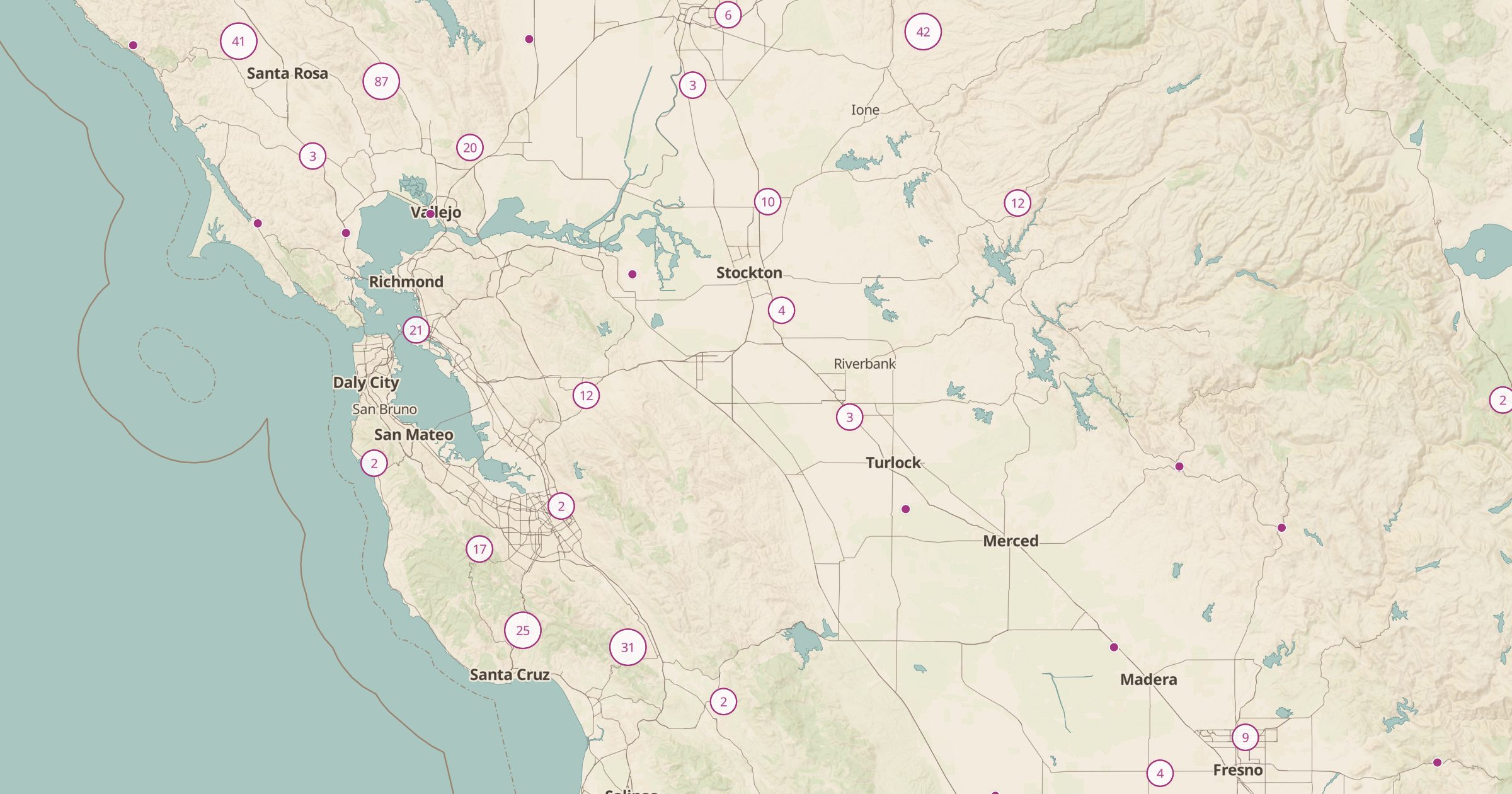 Map of Northern California with the Wineries & Distilleries (OSM) layer turned on in Bottomless Maps